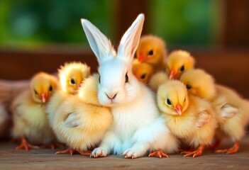 A Rabbit surrounded by baby chickens