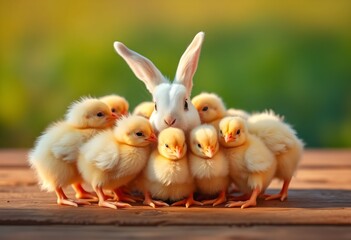 A Rabbit surrounded by baby chickens