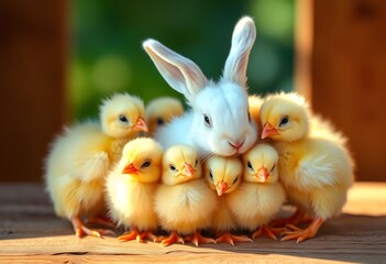A Rabbit surrounded by baby chickens