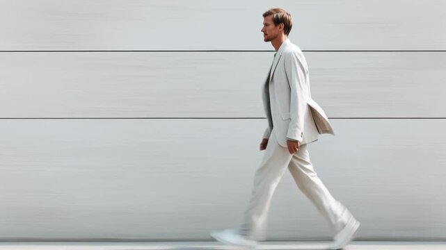 A man in a light beige or white casual-style suit walks confidently against a plain white wall background, captured with dynamic motion blur effect.