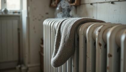 A single woolen sock draped over a classic white radiator, soft steam rising slightly