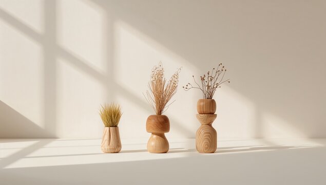 Wooden Vases Hold Dried Plants on a Light Background With Shadows Casting From a Window
