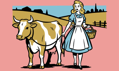 Retro comic pop art illustration of a pinup farm girl leading a cow in a rural landscape, vintage style livestock farming graphic.