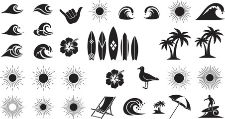 Collection of tropical vacation and summer icons including waves, surfboards, palm trees, and sun