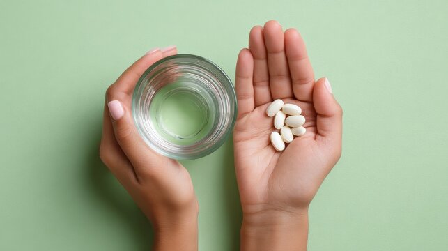 Hands holding water glass and pills on light green background