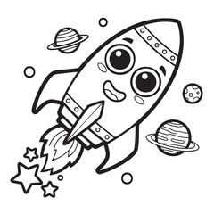 Cute cartoon rocket flying through space with planets and stars  