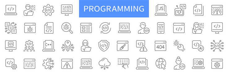Naklejka na ściany i meble Programming thin line icons set. Coding, software development icon. Editable stroke. Vector