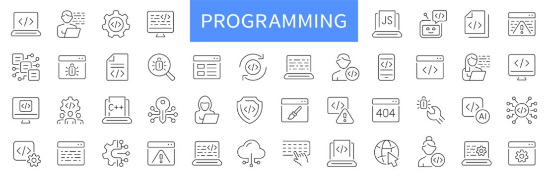 Programming thin line icons set. Coding, software development icon. Editable stroke. Vector