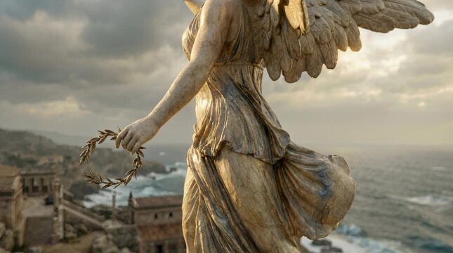 Cinematic recreation of the Nike of Samothrace, winged Greek goddess statue