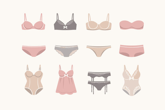Set of women lingerie flat icons including bras, panties, bodysuit, strapless bra and garter belt in soft pastel colors, isolated on light background.