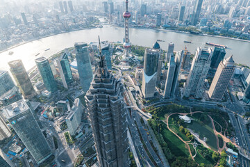 Shanghai Cityscape: Aerial View of Oriental Pearl Tower and River © KimThi