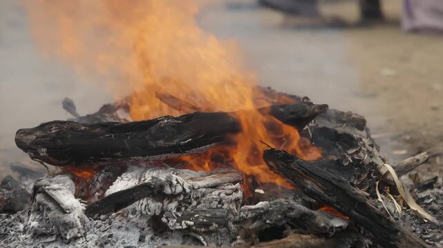 funeral pyre, burning wood, ceremonial fire, India ritual, Hindu tradition, cremation ghat, ritual flames, smoke plume, charred logs, ember glow, ash ground 4K