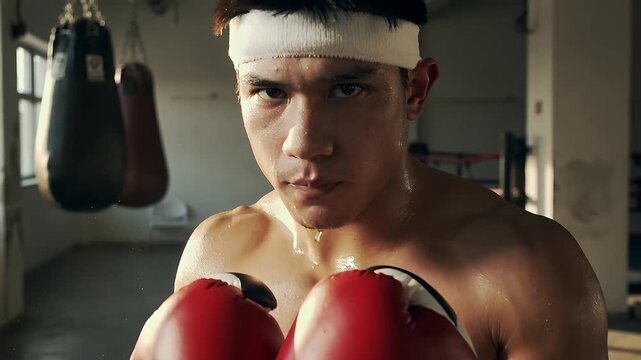 Boxer trains hard in gym with focus and determination as sweat drips and fists land on heavy bag