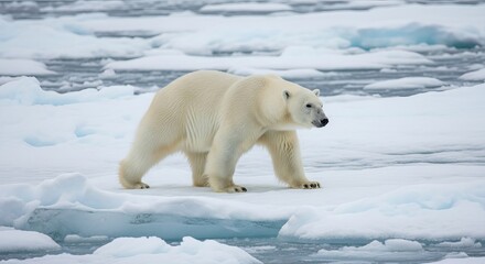 Majestic polar bear standing on ice floe, white fur glistening, surrounded by frozen landscape, Arctic environment, wildlife, and majestic presence.