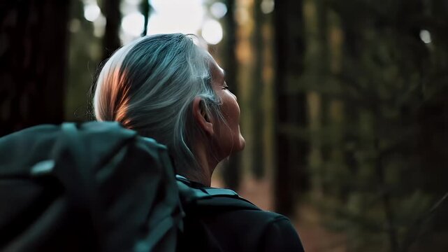 Explore adventure journey achievement outdoor in National Park. A woman with a backpack, captured in a side profile, gazing upward in a forest illuminated by soft, natural light.