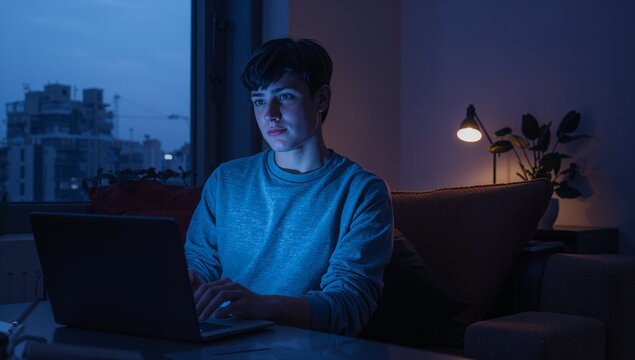 Person Working on Laptop in Dimly Lit Room at Night in Urban Setting With City View Through Window