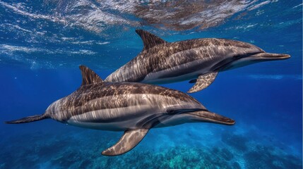 Fototapeta premium Dolphins Swim and Interact in Their Natural Habitat, Showcasing Behavior and Social Dynamics During an Underwater Moment