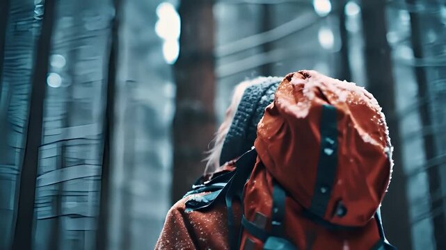 Explore adventure journey achievement outdoor in National Park. A woman in a red jacket and black hat standing in a snowy forest, her face illuminated by the soft light of the setting sun.
