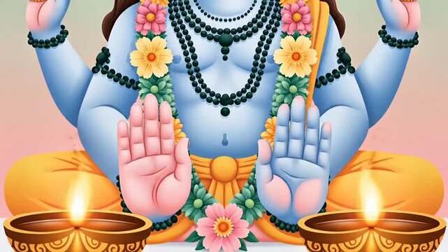 Lord Vishnu or Rama Devotional Worship with Oil Lamps Illustration