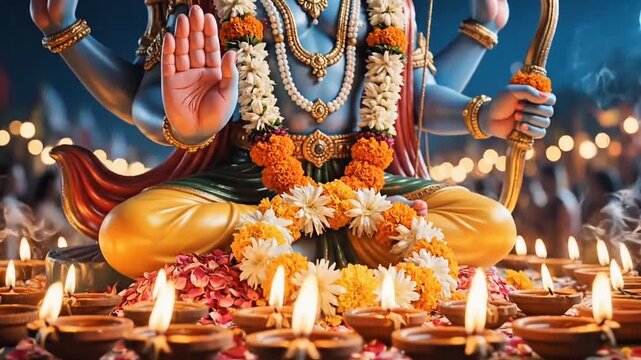 Majestic Lord Rama Statue Adorned with Flowers and Glowing Diya Lamps