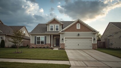 Fototapeta premium House in a Suburban Neighborhood With a Driveway and Green Lawn During Evening Hours
