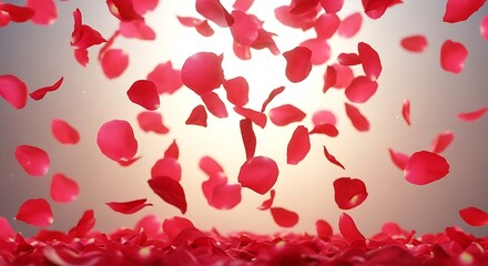 Obraz premium A mesmerizing display of falling red rose petals in a softly lit environment