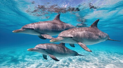 Fototapeta premium Dolphins Swim at Different Depths in Clear Blue Water Offering a Layered View of Their Movements and Behavior