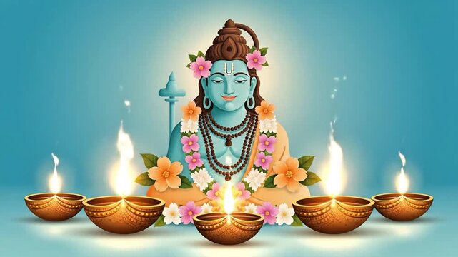 Peaceful Lord Shiva Illustration Surrounded by Lit Diya Lamps