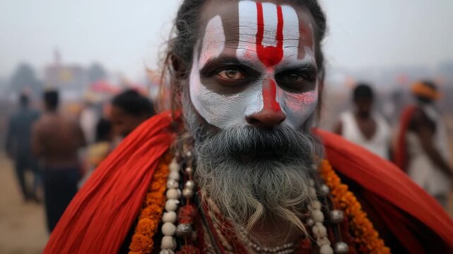 Tight editorial portrait with the subject&rsquo;s ash-covered face dominating the right third of the frame, one eye sharply in focus, layered textures of dry ash on skin and beard, bold 
