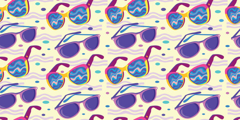 Naklejka premium A bright, seamless pattern with playful sunglasses on a light background. Retro shapes and bright purple, pink, yellow, and turquoise neon colors. Abstract lines in the lenses. For textiles, paper