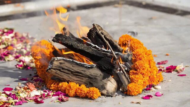 Vibrant ceremonial fire burning on pale gray concrete ground in an outdoor courtyard, stacked dry wooden logs forming a low compact bonfire, bright orange and yellow flames rising 