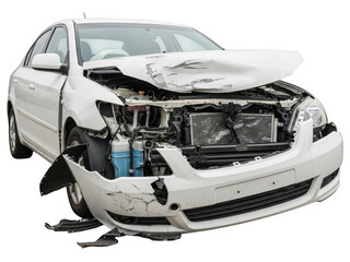 Obraz premium Damaged White Car with Front End Collision Damage, Broken Hood and Bumper, Isolated