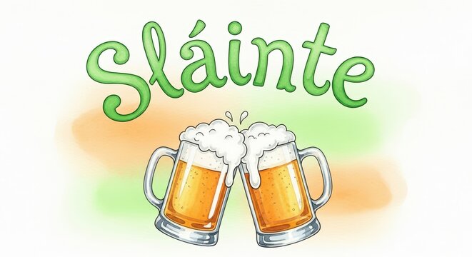 Drinking toast, lettering Slainte, Irish traditional word for wishing health and cheers. St. Patrick's day celebration, party in pub. Two clinking beer mugs with overflowing frothing golden drink