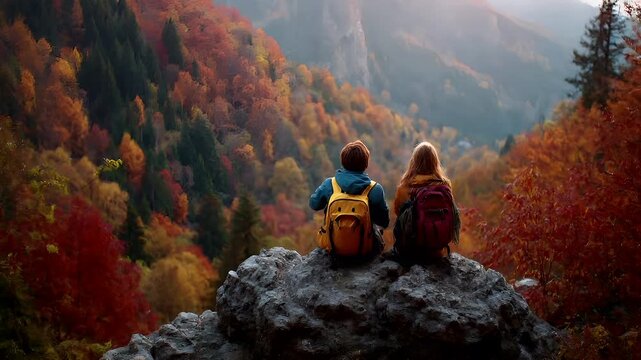 Explore adventure journey achievement outdoor in National Park. Two people, a boy and a girl, wearing jackets and backpacks, sitting atop a rocky outcrop with their arms outstretched.