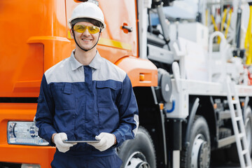 Driver man in uniform with tablet computer controls geology Dump truck. Concept banner automated logistics online internet