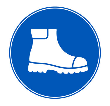 Mandatory safety shoes sign with protective work boot symbol. PPE footwear icon for construction site signage, factory safety boards, and compliance posters