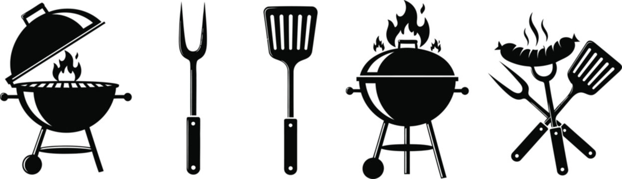 Barbecue Vector Icons, Grill, BBQ Tools, Picnic, Spatula, and Fire Illustration