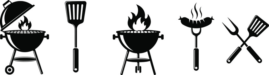 BBQ Grill Icon Set, Barbecue Tools, Spatula and Grill Fork, Picnic and Fire Symbols