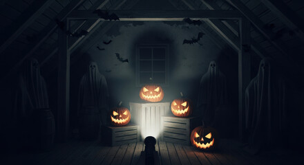 Fototapeta premium Eerie Halloween Attic Scene with Ghosts and Jack-o'-Lanterns Glowing in the Dark A chilling Halloween setup in a dimly lit attic with ghostly figures and carved pumpkins