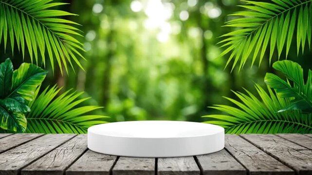 Elegant white product podium on a rustic wooden table, framed by lush tropical palm leaves against a vibrant green forest backdrop with soft sunlight