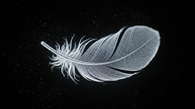 Fine white feather illuminated against a deep black background showing intricate texture and delicate structure in high contrast