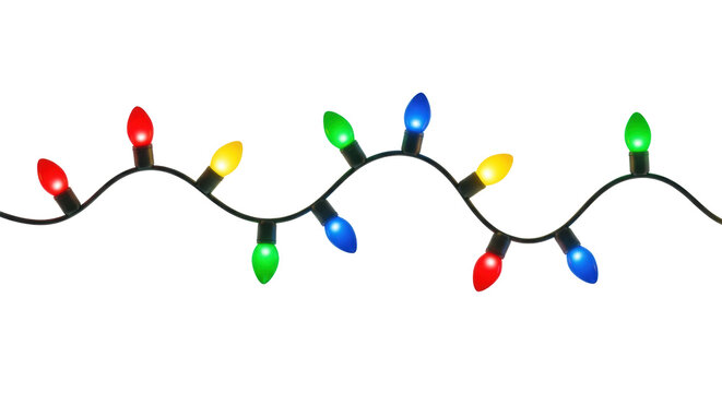 A single wavy string of glowing C6-shaped red, green, yellow, and blue festive light bulbs, shining brightly against a transparent background with copy space, studio product photography concept for