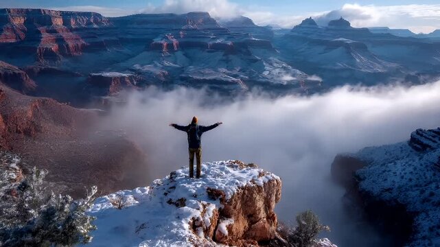 Explore adventure journey achievement outdoor in National Park. A person standing atop a snowcovered cliff, surrounded by a vast expanse of snowcapped mountains and a sky filled with clouds.