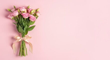 Fototapeta premium A bouquet of pink flowers tied with a ribbon on a pink background for decoration or gift giving occasions