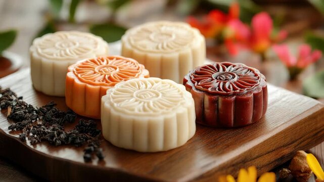 Moon cakes displayed for the Mid-Autumn Festival, surrounded by tea and other traditional foods. A beautiful celebration setup with space for text, perfect for cultural food and festival promotions.