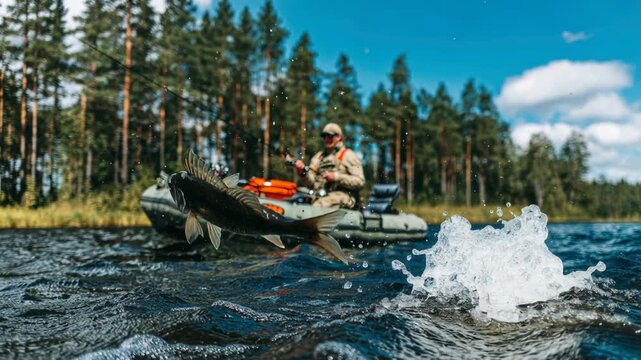 Large fish jumping out of water with a splash near a fishing boat. Angler fishing on a scenic lake with forest background. Freshwater fishing action
