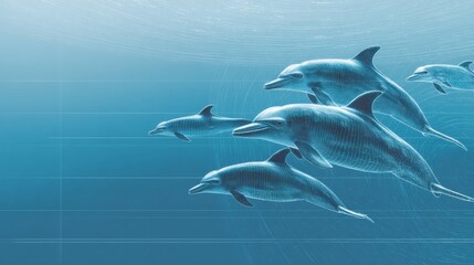 Obraz premium Dolphins Swim Underwater Moving From Left to Right in a Clean Blue Ocean Space Highlighting Forward Movement and Progress