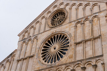 Romanesque Cathedral Facade With Rose Window in Zadar, Croatia