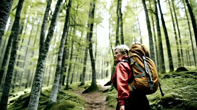 Explore adventure journey achievement outdoor in National Park. A woman in a red jacket and brown backpack walking through a lush forest.