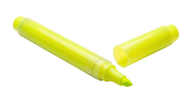 Bright yellow fluorescent highlighter marker pen with its cap removed, cut out, stock png, isolated on transparent background